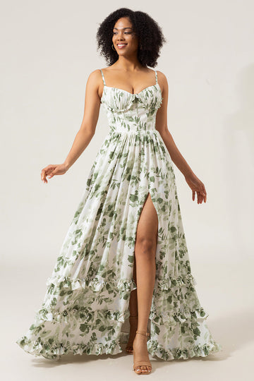 A-Line Spaghetti Straps Verde Stampato Abito Lungo Prom Con Spacco